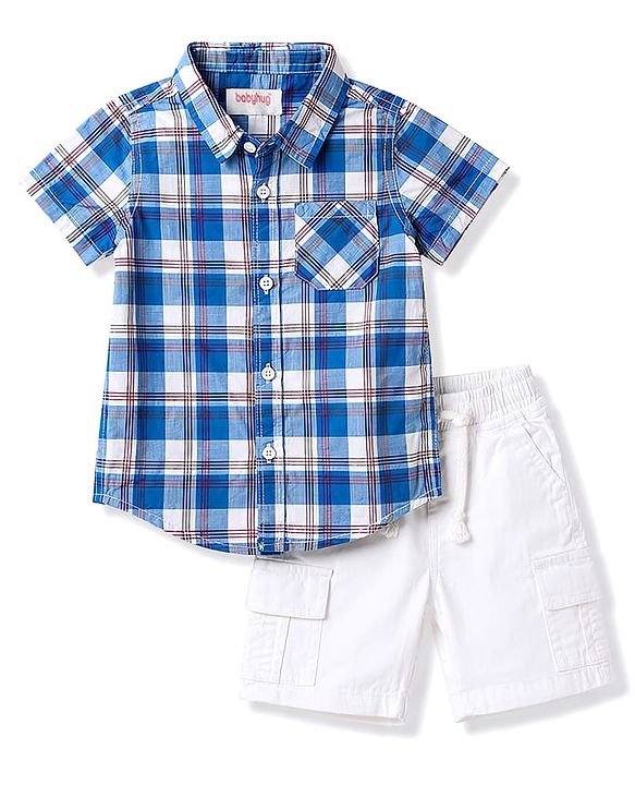 Babyhug Cotton Woven Half Sleeves Checked Shirt & Cargo Shorts Set - Multicolor