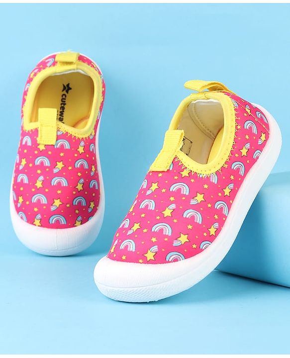 Cute Walk by Babyhug Slip On Casual Shoes with Rainbow Print - Pink & Yellow