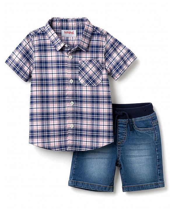 Babyhug Cotton Woven Half Sleeves Checked Shirt & Denim Shorts Set - Multicolor