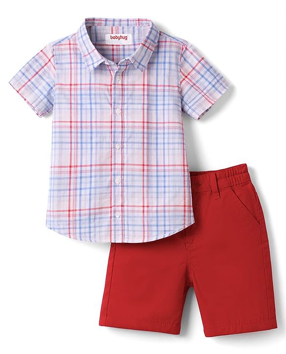 Babyhug Cotton Woven Half Sleeves Checks Shirt & Denim Shorts Set - Multicolor