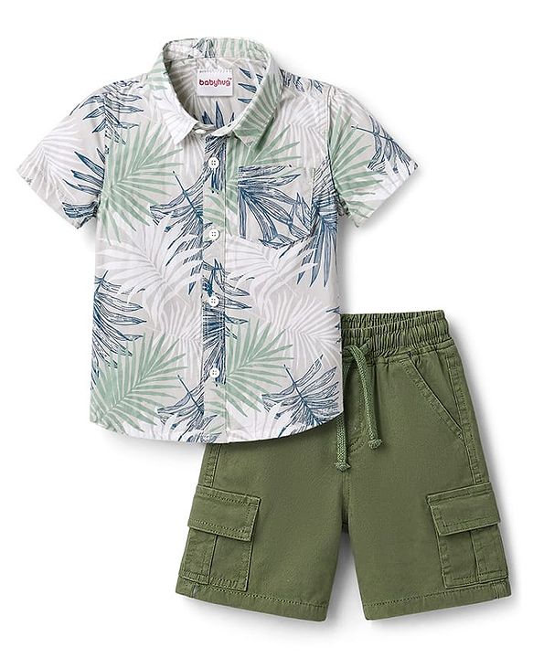 Babyhug Cotton Woven Half Sleeves Shirt & Shorts With Leaf Print - Multicolor