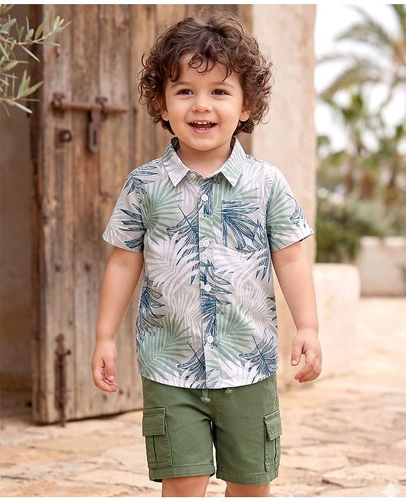 Babyhug Cotton Woven Half Sleeves Shirt & Shorts With Leaf Print - Multicolor