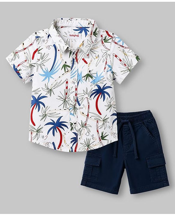 Babyhug 100% Cotton Woven Half Sleeves Shirt & Shorts Set Palm Tree Print - White & Blue