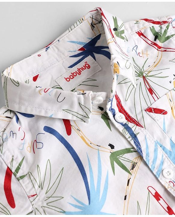 Babyhug 100% Cotton Woven Half Sleeves Shirt & Shorts Set Palm Tree Print - White & Blue