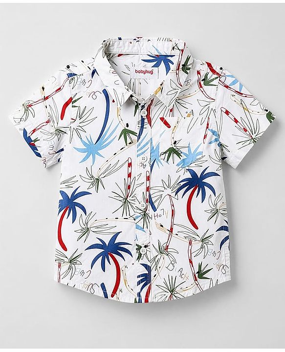 Babyhug 100% Cotton Woven Half Sleeves Shirt & Shorts Set Palm Tree Print - White & Blue