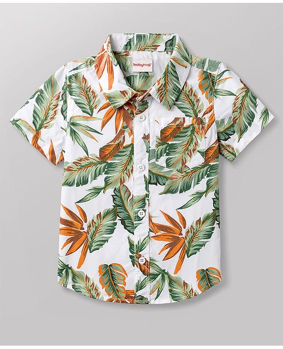 Babyhug Cotton Woven Half Sleeves Shirt & Shorts Set With Leaf Print - Multicolor