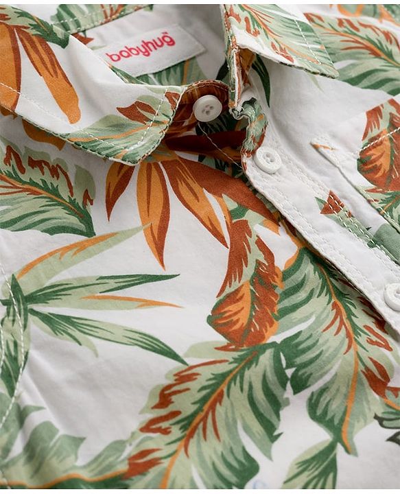 Babyhug Cotton Woven Half Sleeves Shirt & Shorts Set With Leaf Print - Multicolor