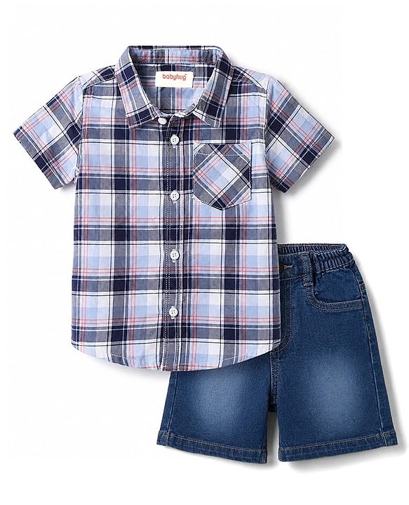 Babyhug Cotton Woven Half Sleeves Checked Shirt & Denim Shorts Set - Blue