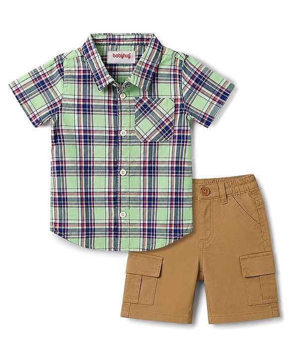 Babyhug 100% Cotton Woven Half Sleeves Checked Shirt & Denim Shorts Set - Beige