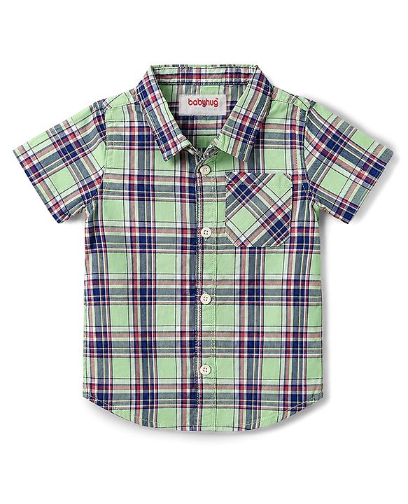 Babyhug 100% Cotton Woven Half Sleeves Checked Shirt & Denim Shorts Set - Beige