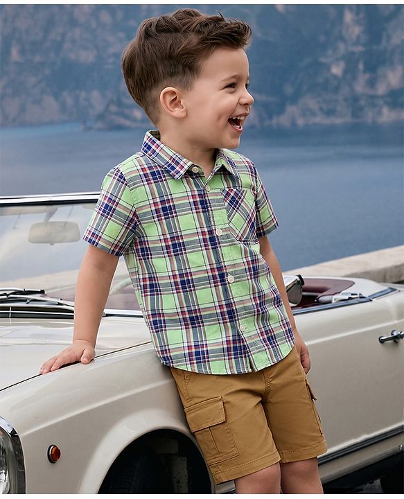Babyhug 100% Cotton Woven Half Sleeves Checked Shirt & Denim Shorts Set - Beige