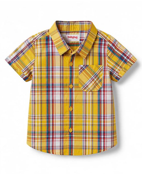 Babyhug Cotton Woven Half Sleeves Checked  Shirt & Denim Shorts Set - Yellow & Blue