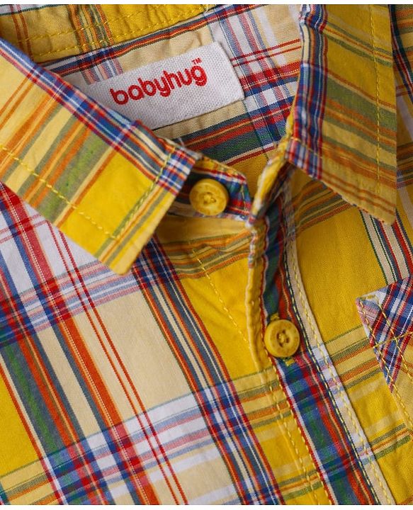 Babyhug Cotton Woven Half Sleeves Checked  Shirt & Denim Shorts Set - Yellow & Blue
