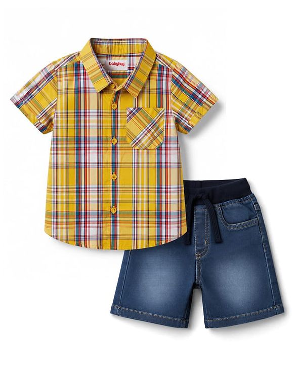 Babyhug Cotton Woven Half Sleeves Checked  Shirt & Denim Shorts Set - Yellow & Blue