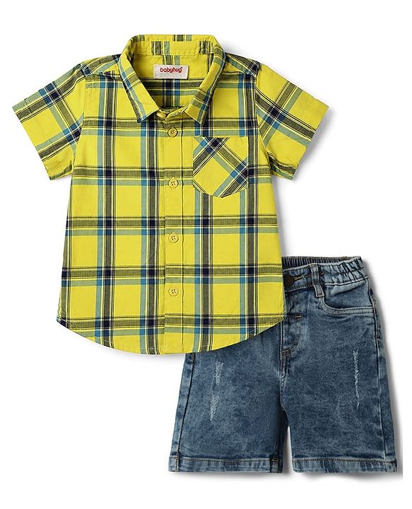 Babyhug Cotton Woven Half Sleeves Checked Shirt & Denim Shorts Set - Yellow & Blue