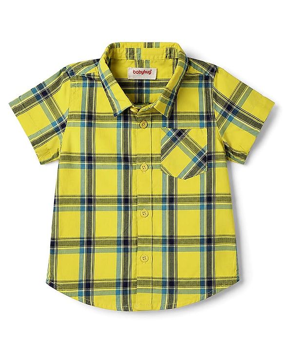 Babyhug Cotton Woven Half Sleeves Checked Shirt & Denim Shorts Set - Yellow & Blue