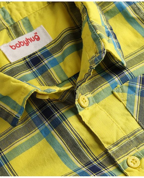 Babyhug Cotton Woven Half Sleeves Checked Shirt & Denim Shorts Set - Yellow & Blue