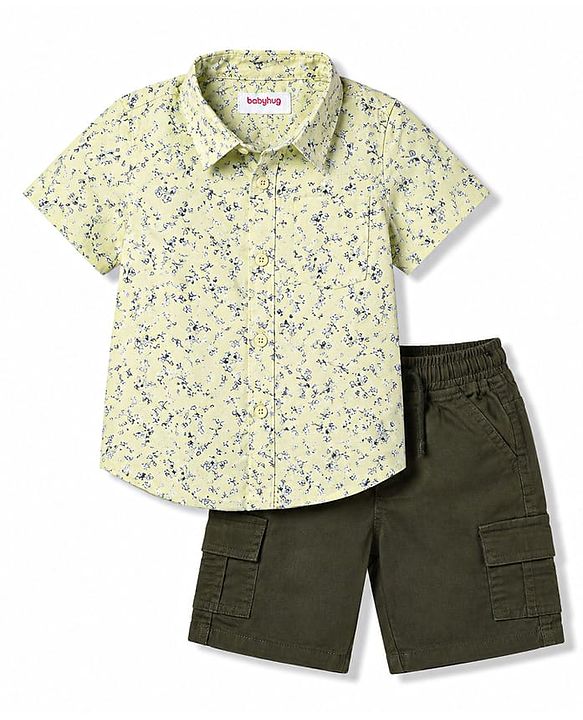 Babyhug 100% Cotton Woven Half Sleeves Printed Shirt & Shorts Set - Multicolor & Green