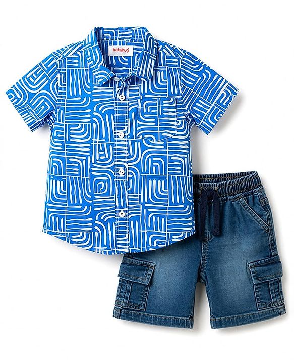 Babyhug Cotton Woven Half Sleeves Abstract Printed Shirt & Denim Shorts Set - Blue