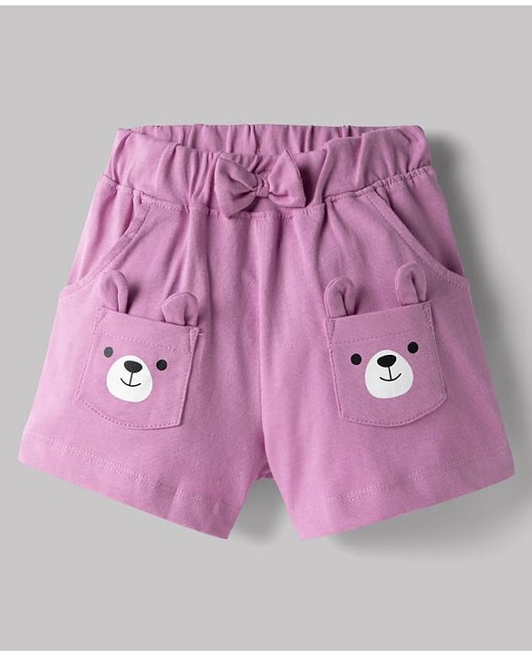 Babyhug Single Jersey Knit Half Sleeves Bear Embroidered & Printed Top & Shorts Set with Bow Applique - White & Pink