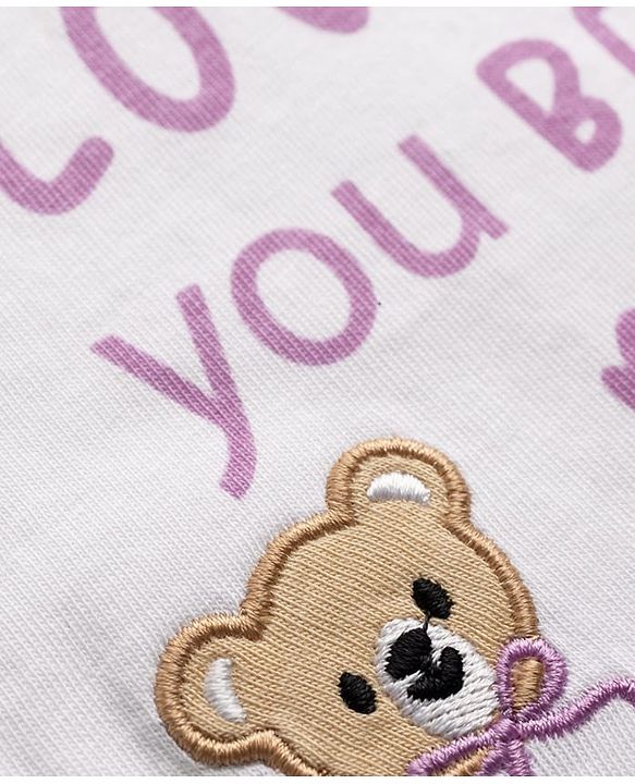 Babyhug Single Jersey Knit Half Sleeves Bear Embroidered & Printed Top & Shorts Set with Bow Applique - White & Pink
