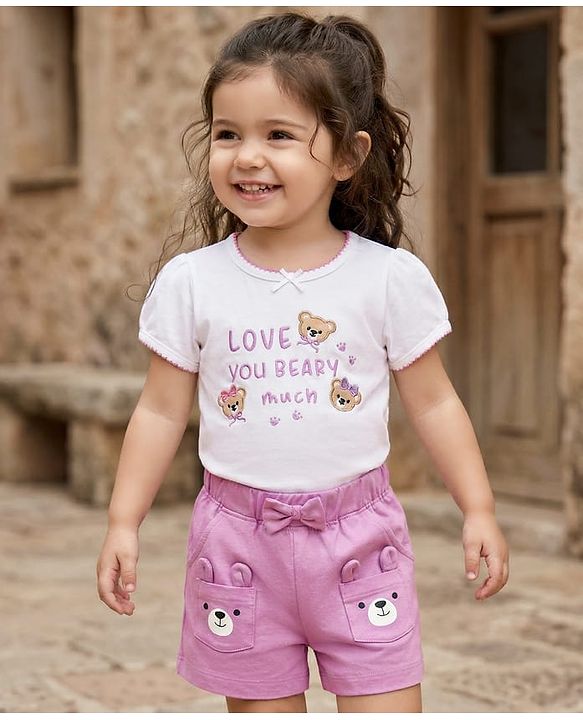 Babyhug Single Jersey Knit Half Sleeves Bear Embroidered & Printed Top & Shorts Set with Bow Applique - White & Pink
