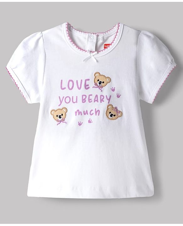 Babyhug Single Jersey Knit Half Sleeves Bear Embroidered & Printed Top & Shorts Set with Bow Applique - White & Pink