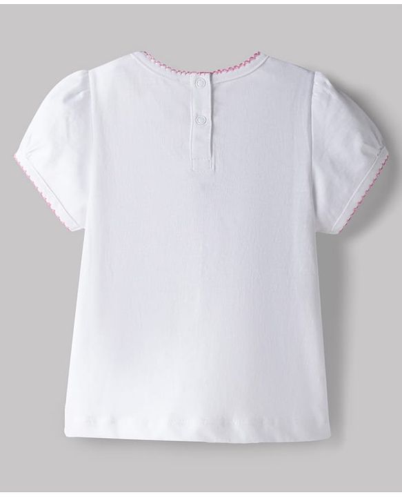 Babyhug Single Jersey Knit Half Sleeves Bear Embroidered & Printed Top & Shorts Set with Bow Applique - White & Pink