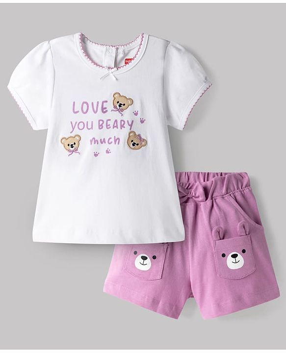 Babyhug Single Jersey Knit Half Sleeves Bear Embroidered & Printed Top & Shorts Set with Bow Applique - White & Pink