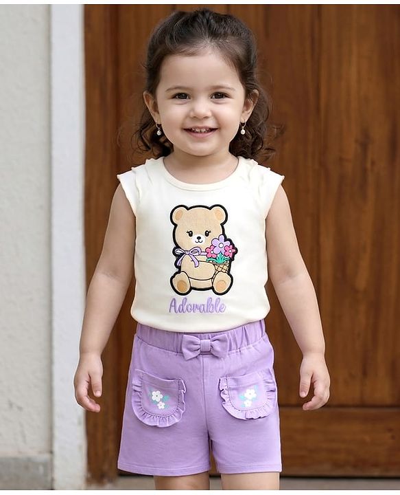 Babyhug Single Jersey Knit Sleeveless Top & Shorts Set With Teddy Bear Patch - White & Purple