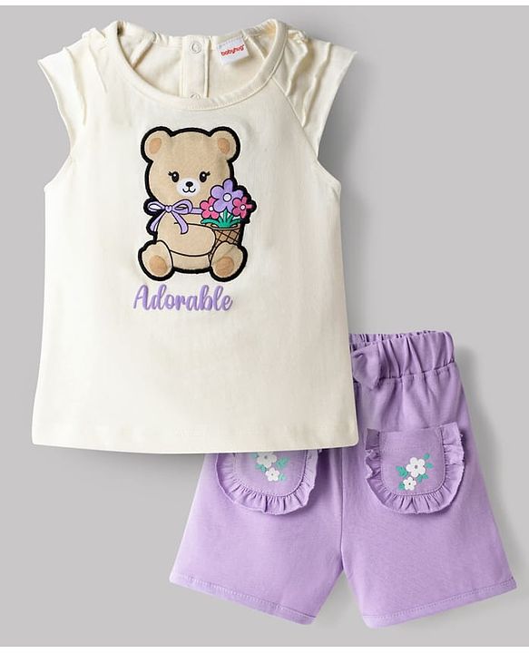 Babyhug Single Jersey Knit Sleeveless Top & Shorts Set With Teddy Bear Patch - White & Purple