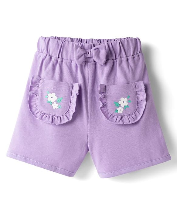 Babyhug Single Jersey Knit Sleeveless Top & Shorts Set With Teddy Bear Patch - White & Purple