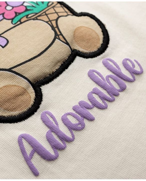 Babyhug Single Jersey Knit Sleeveless Top & Shorts Set With Teddy Bear Patch - White & Purple