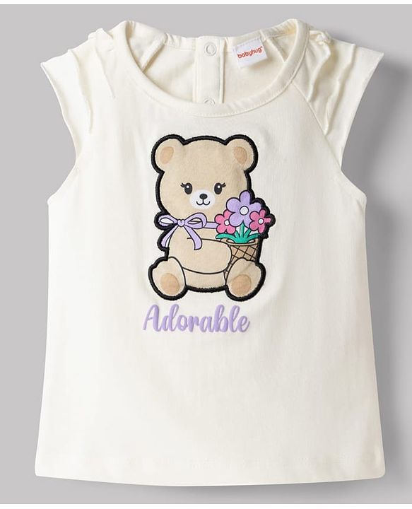 Babyhug Single Jersey Knit Sleeveless Top & Shorts Set With Teddy Bear Patch - White & Purple