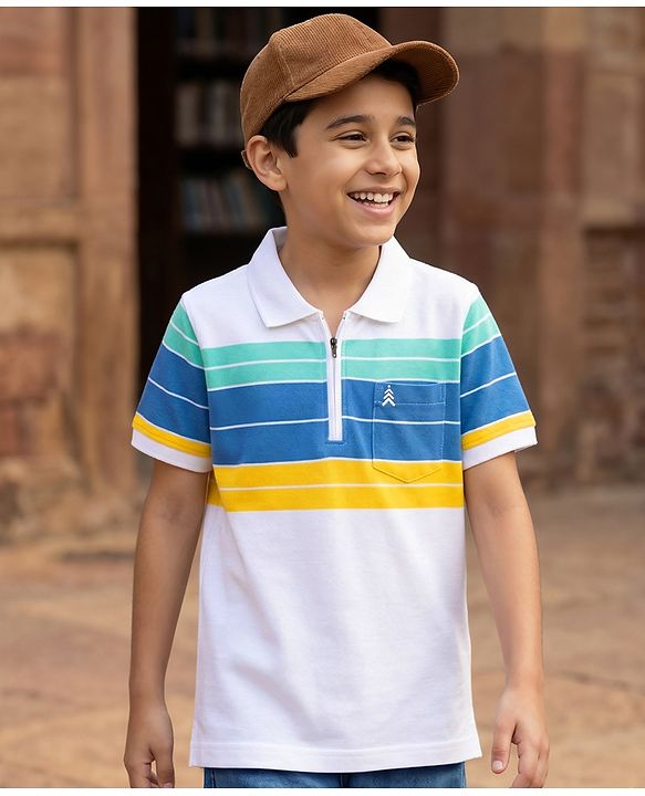 Pine Kids Cotton Knit T-Shirt Striped Polo Neck Half Sleeves White 4-5 Years