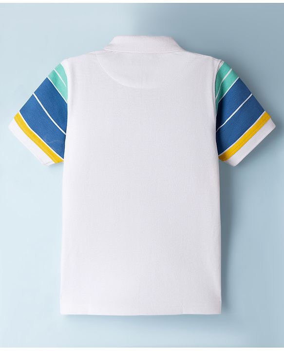 Pine Kids Cotton Knit T-Shirt Striped Polo Neck Half Sleeves White 4-5 Years
