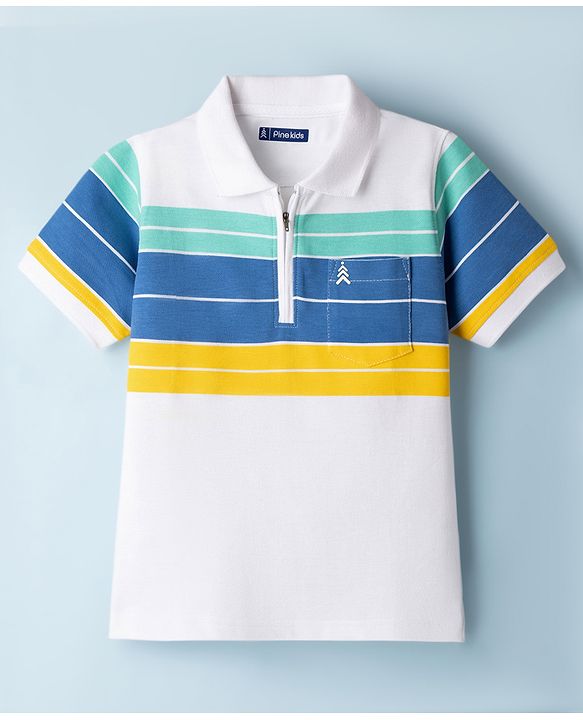 Pine Kids Cotton Knit T-Shirt Striped Polo Neck Half Sleeves White 4-5 Years