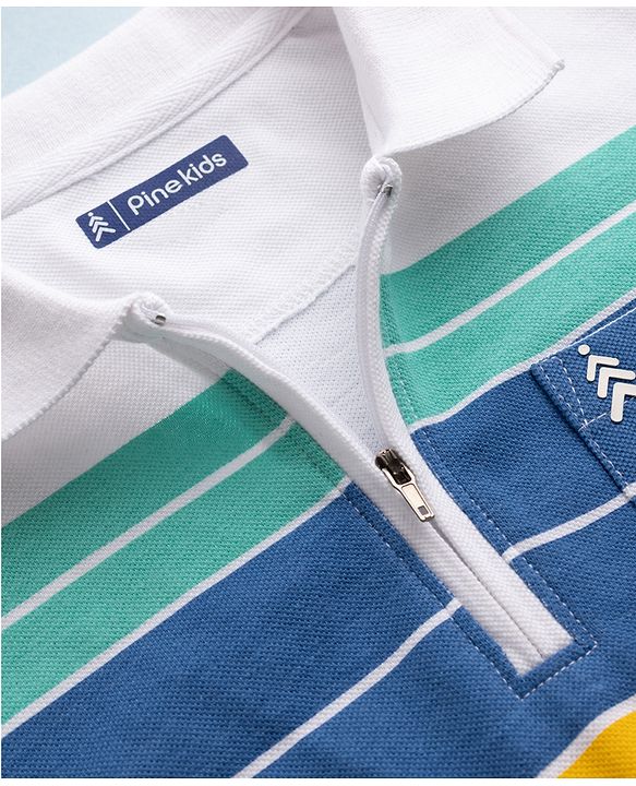 Pine Kids Cotton Knit T-Shirt Striped Polo Neck Half Sleeves White 4-5 Years