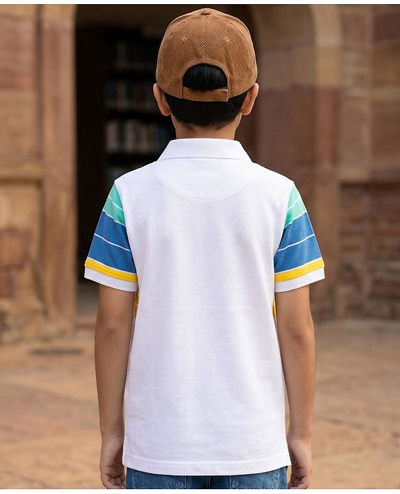 Pine Kids Cotton Knit T-Shirt Striped Polo Neck Half Sleeves White 4-5 Years