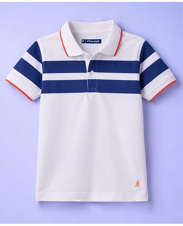 Pine Kids Cotton Knit Half Sleeves T-Shirt With Stripes - White