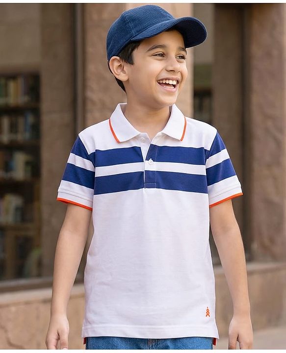 Pine Kids Cotton Knit Half Sleeves T-Shirt With Stripes - White