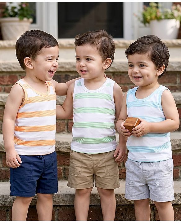Babyhug 100% Cotton Single Jersey Knit Sleeveless Striped Vests Pack of 3 - Multicolor