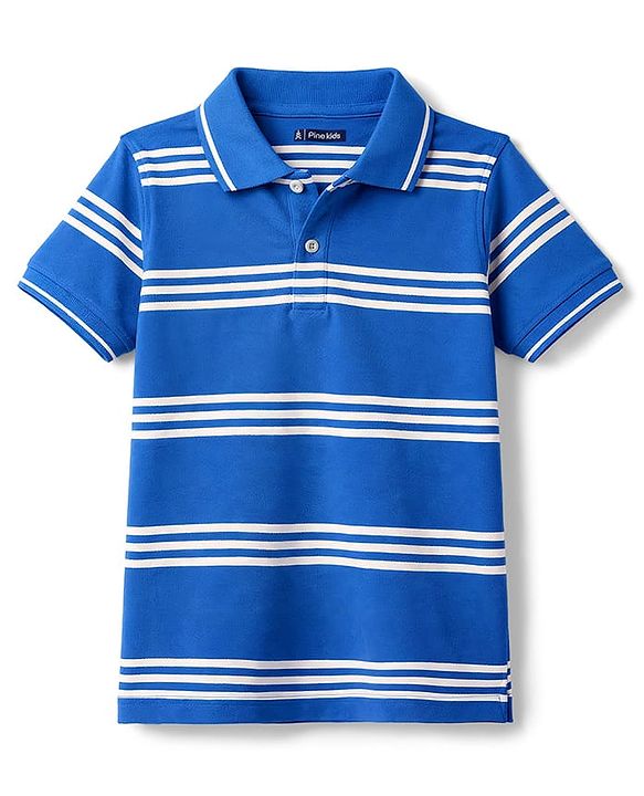 Pine Kids Cotton Knit T-Shirts Striped Half Sleeves Polo Neck  Blue 4-5 Years