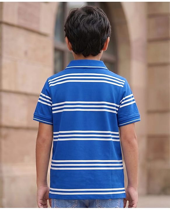 Pine Kids Cotton Knit T-Shirts Striped Half Sleeves Polo Neck  Blue 4-5 Years
