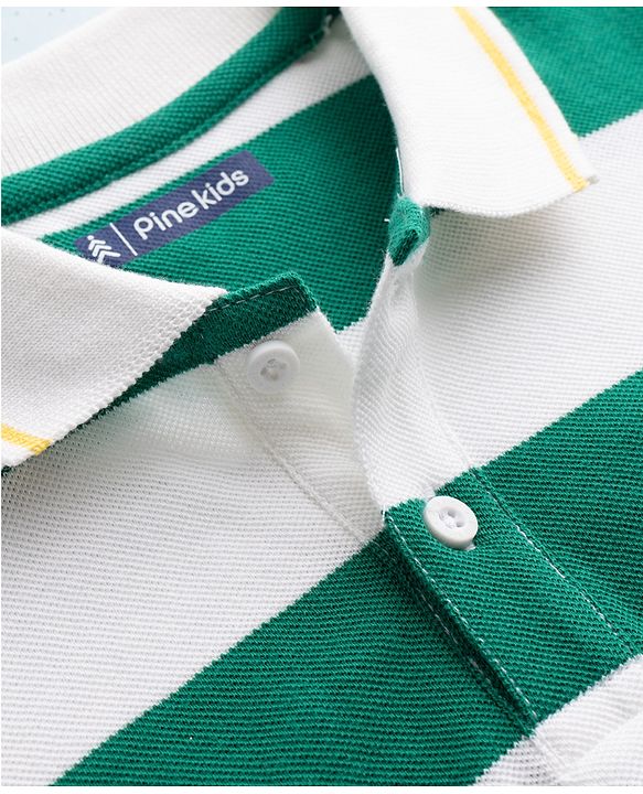 Pine Kids Cotton Knit Half Sleeves Striped Polo T-Shirt - Green