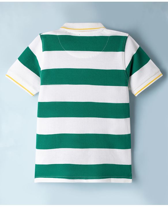 Pine Kids Cotton Knit Half Sleeves Striped Polo T-Shirt - Green