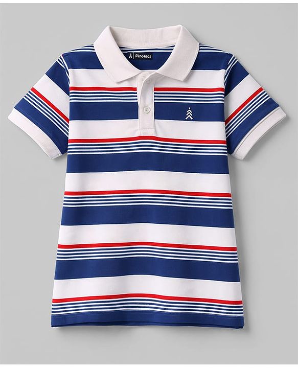 Pine Kids Cotton Knit T-Shirt Striped Polo Neck Half Sleeves Multi Color 5-6 Years