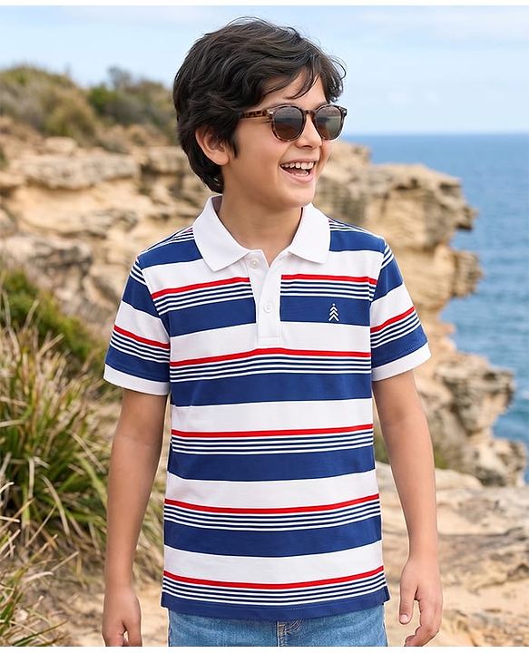 Pine Kids Cotton Knit T-Shirt Striped Polo Neck Half Sleeves Multi Color 5-6 Years