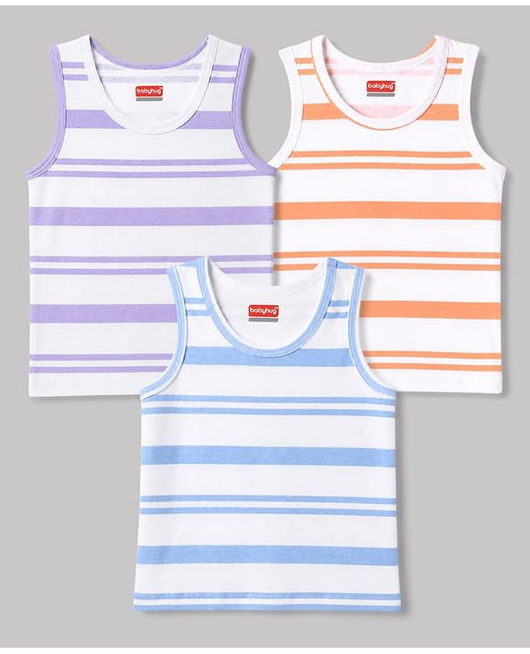 Babyhug 100% Cotton Knit Sleeveless Striped Sando Vests Pack Of 3 - Orange Purple & Light Blue