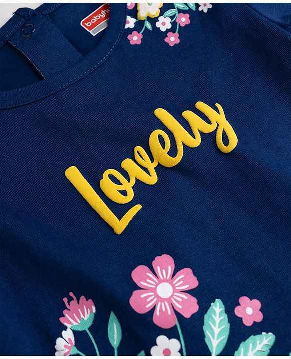 Babyhug 100% Cotton Knit Half Sleeves Floral Printed T-Shirt - Navy Blue
